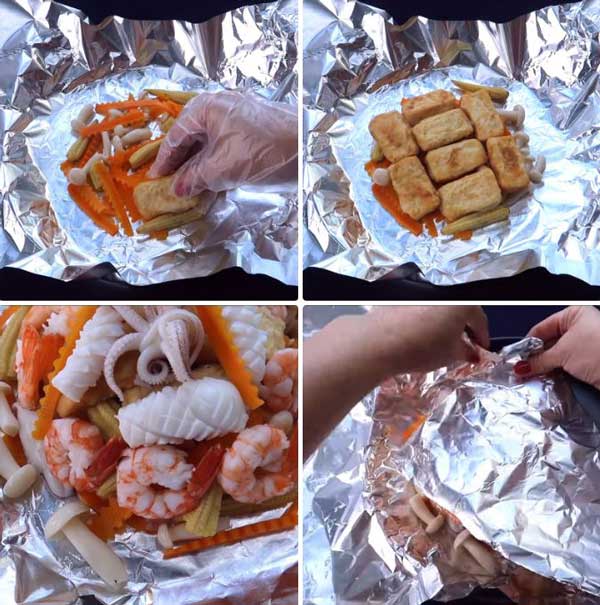chế biến đậu hũ hải sản nướng giấy bạc
